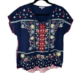 John Mark Navy and Red Embroidered Top